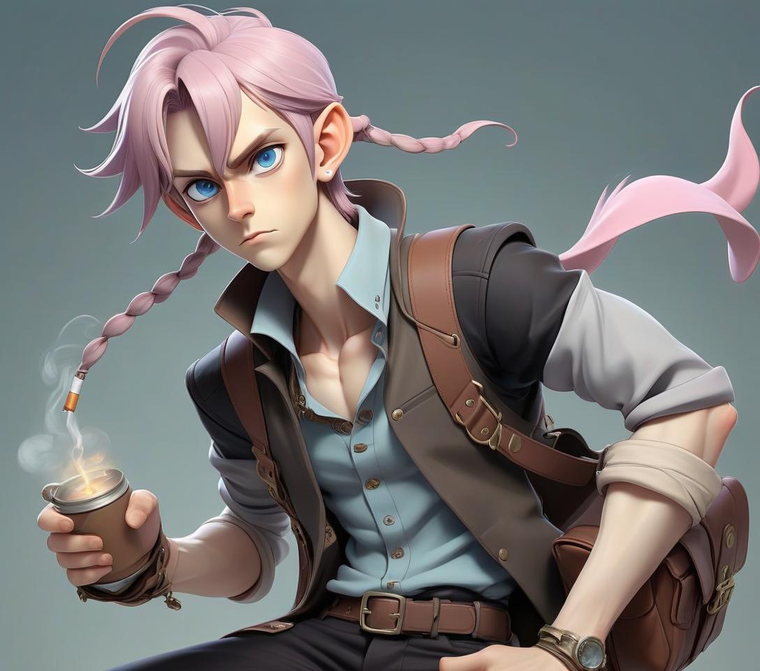  anime artwork a young male, an elf with long ears, in anime style, full length, pale skin with a pink tint, smooth hair to the waist tied in a low ponytail of a soft lavender color, bright blue eyes, clothes in a steampunk style, a milky colored shirt, on it a vest of a cold brown shade, on one of the arms there is an armband, black pants with a lot of belts on the legs, a shoulder bag similar to a briefcase of a cold dark color, ordinary boots, in his hands he holds a cigarette . anime style, key visual, vibrant, studio anime, highly detailed