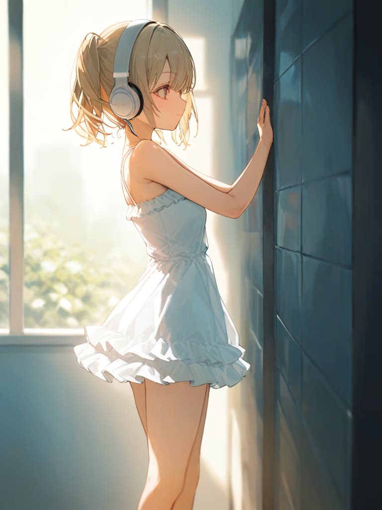  white frilled dress swimwear, back, blond twin tail, white headphones, whole body, foot, hugging on the wall, pose protruding , tile wall, small , , slimwan piece, masterpiece, best quality,8k,ultra detailed,high resolution,an extremely delicate and beautiful,hyper detail