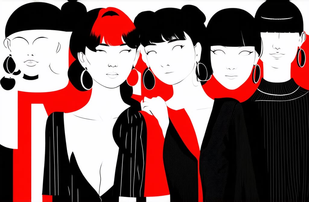  flat illustration, flaticon, (illustration:1.15), group of women with big earrings. sisterhood concept. illustrations of 6 women with white skin color who stand close to each other ar 3:2, [cory loftis, strobist, pascal campion :: 0.2]