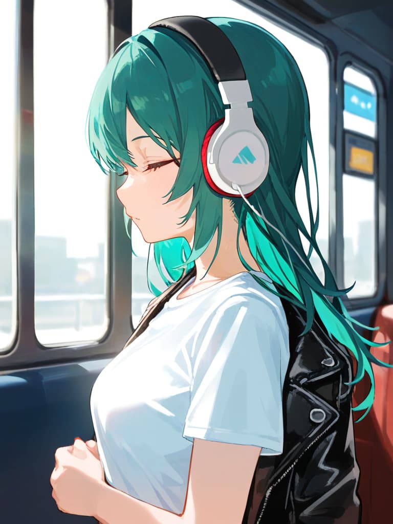  (cool beautiful girl:1.5)(green hair color:1.5)(long hair:1.5)(headphone🎧:1.7)(in white t shirt and leather jacket:2.0)(in train:1.2)(upper body only)masterpiece,high quality,16k,super analysis