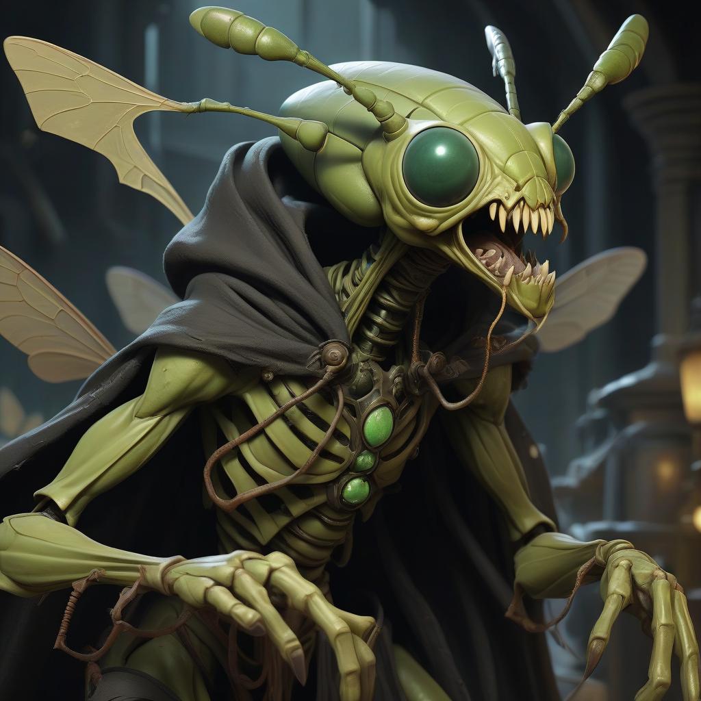  macabre style thri kreen insectoid monstrous humanoid race with mantis head ranger, wearing travelers rags and cloak, has four hands, swarm of bugs flying around, hive background . dark, gothic, grim, haunting, highly detailed