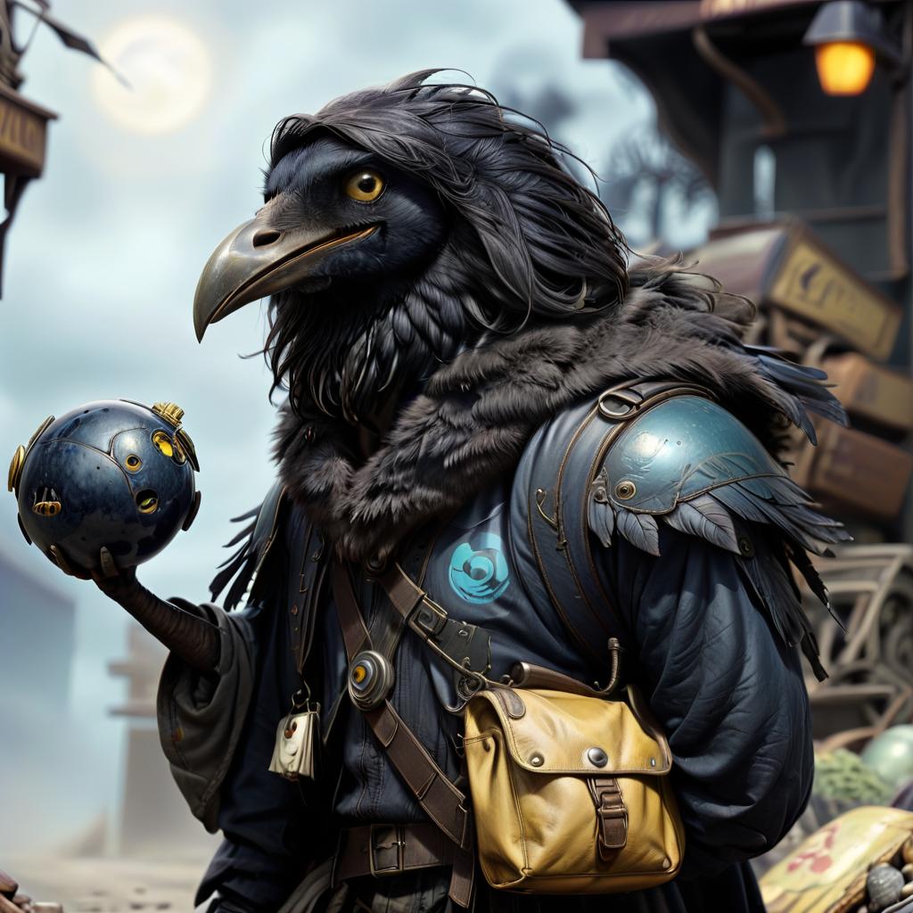  dystopian style black with blue tint avian humanoid race with raven head alchemist, cape, mischievous yellow eyes, smiling, rags and leather cloak with lots of pockets, big backpack with pockets, black bowling ball in hand . bleak, post apocalyptic, somber, dramatic, highly detailed, civitai