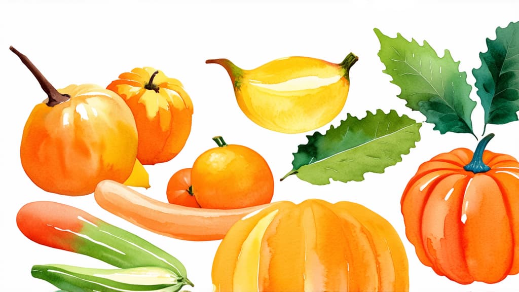  minimalistic watercolor illustration in autumn pastel colors with autumn vegetables, copy space ar 16:9 {prompt}, maximum details