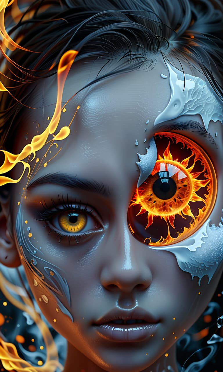  surrealist art masterpiece,oil painting, yin and yang, ice and flame, two halves of the face one of ice, the other of fire, at the bottom is the text in large letters "yin and yang", close up, high detail, high resolution, detailed skin, detailed eyes, detailed background, deep sharpness, dynamic pose, hyperrealism, lots of small details, perfect composition and perspective. . dreamlike, mysterious, provocative, symbolic, intricate, detailed, perfecteyes, glowneon, hkmagic