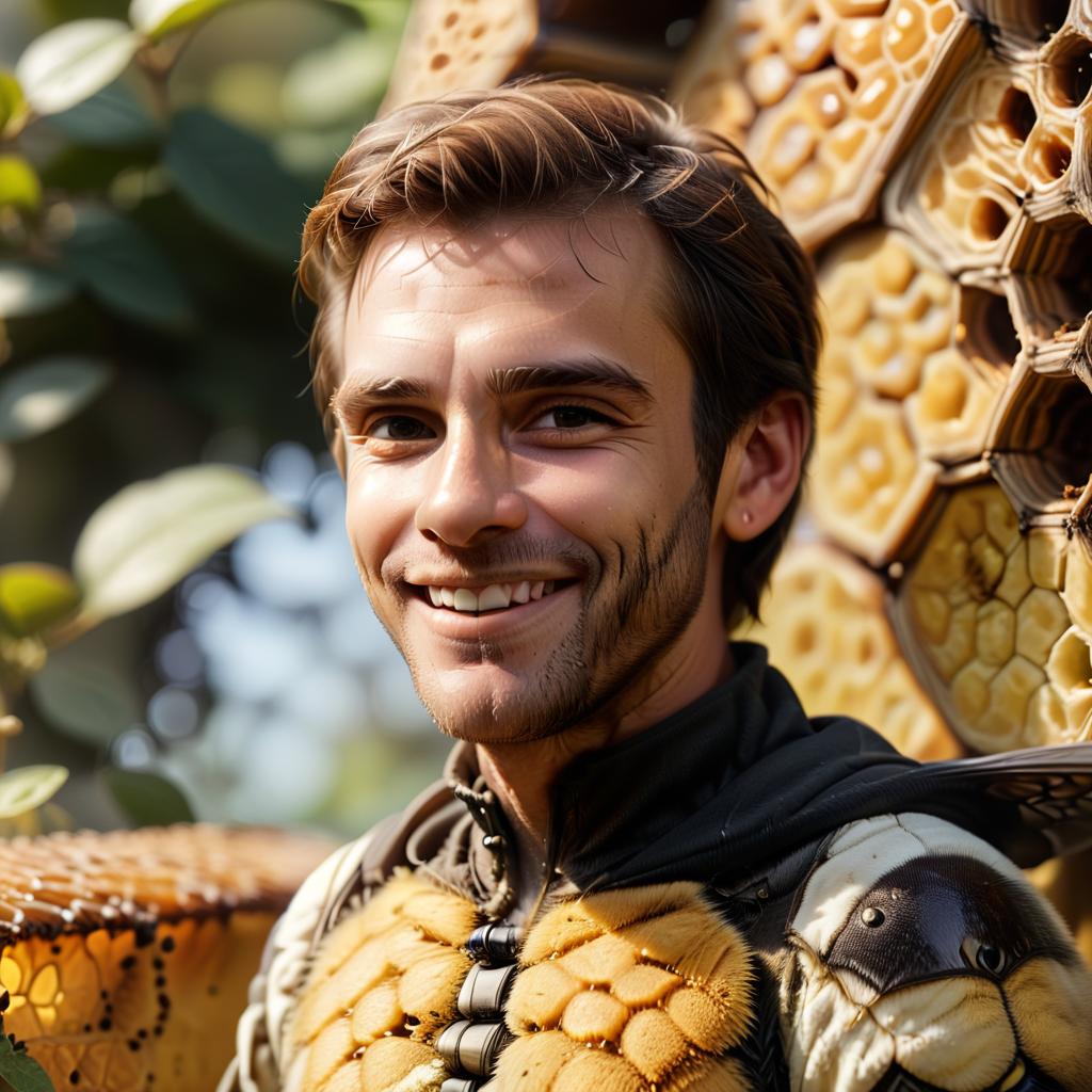  a man in the image of a bee smiles, against the background of a honeycomb, civitai