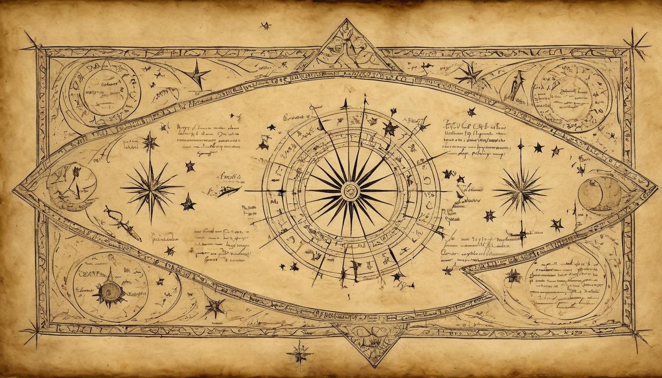  on parchment, surrealism++, radiant pathway, stars aligning, celestial guidance, divine destiny, spiritual direction(mysterious, provocative, symbolic)++