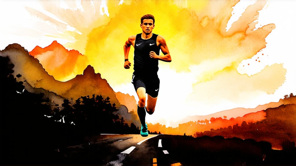  artwork "create an image of a runner using double exposure technique. in the foreground, a sportsman in a dynamic pose, and in the background, a landscape with mountain peaks and a sunset, creating an atmosphere of freedom and energy." ar 16:9, watercolor techniques, featuring fluid colors, subtle gradients, transparency associated with watercolor art