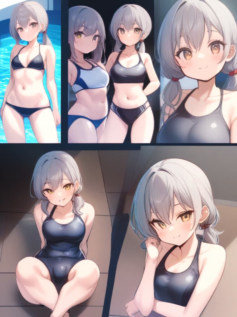  women's elementary students, twin tails, cute smiles, rich s, low stages, dark blue swimwear, old swimwear, swimwear, male, male, shaped clear , shaped clear phimosis, sharp stiff, male bulge, , front, whole body, pool side,