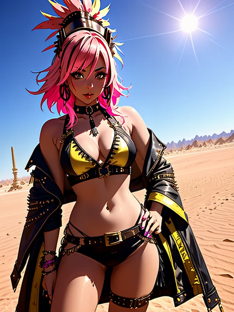  A medium, photo of a female influencer on the desert festival, dressed in a revealing rave outfit, decorated with fringe, bright outfit, steampunk style, daytime, desert background, sharp focus, cinematic, hd