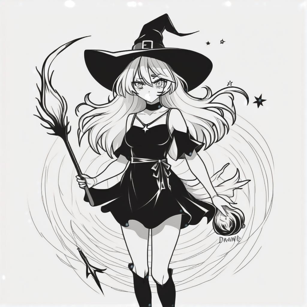  line art drawing witch cast magic, t shirt and short dress, same nightmare. anime style . professional, sleek, modern, minimalist, graphic, line art, vector graphics