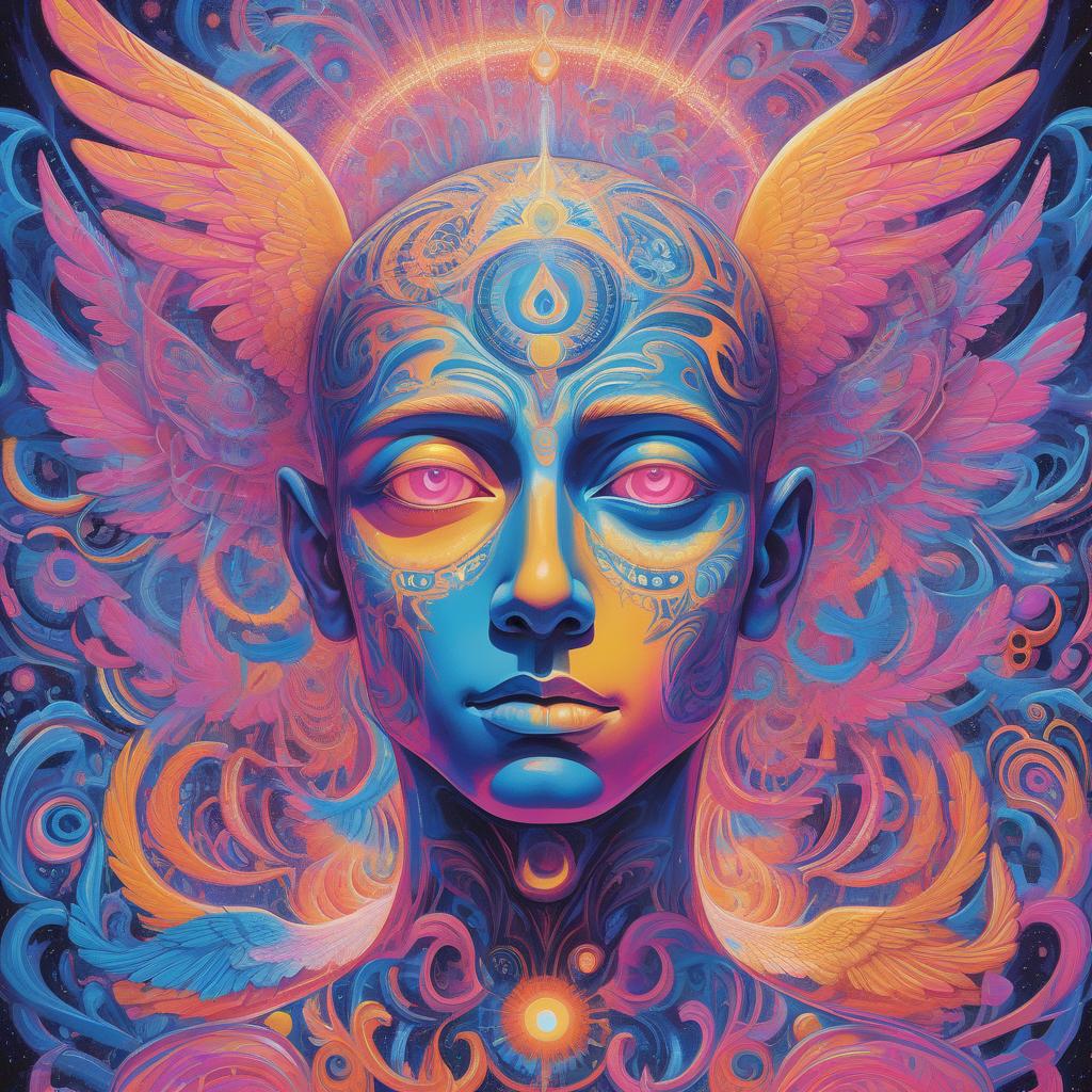  a vibrant, psychedelic artwork depicts a serene human face with a third eye on the forehead. the face is surrounded by intricate, swirling patterns in neon colors of blue, pink, orange, and yellow. angelic figures with wings, ethereal beings, and abstract shapes flow around the head, creating a dynamic and otherworldly atmosphere. the overall imagery suggests a transcendental or spiritual experience.