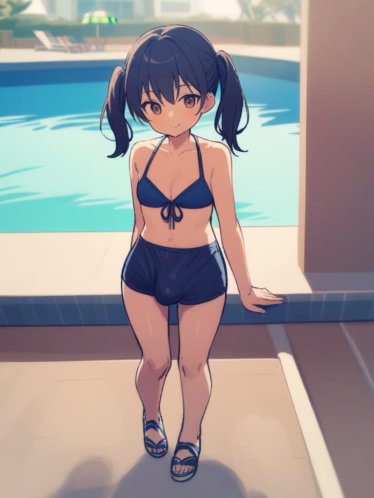  women's elementary students (male), twin tails, cute smiles, (rich s), low stature, dark blue swimwear, old swimwear, , simple (upward), male , (bulge), shaped clear , front , whole body, pool side,