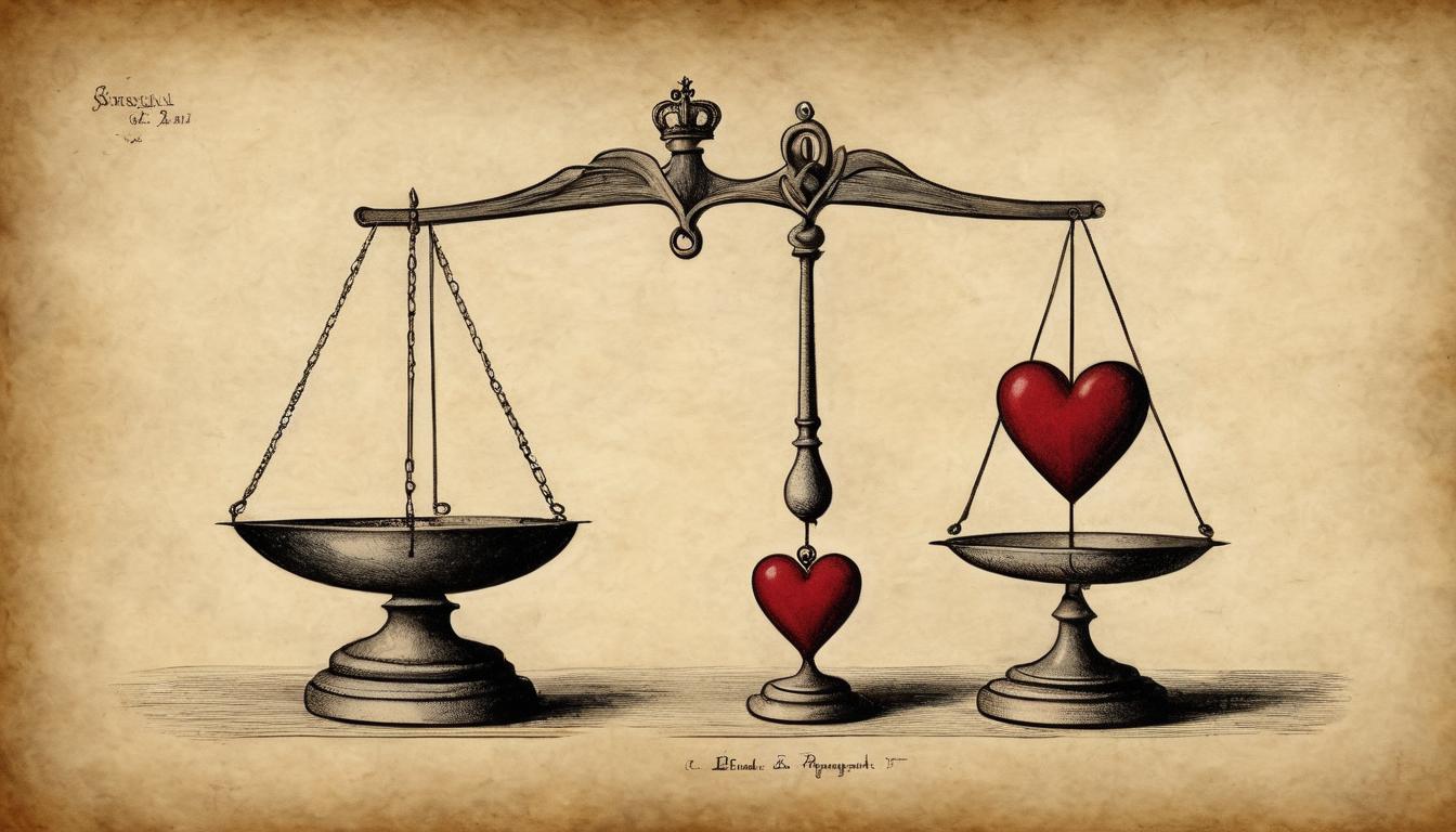  on parchment, surrealism++, balancing scales with a heart on one side and a crown on the other, determination of power, introspection, symbolic balance(mysterious, provocative, symbolic)++