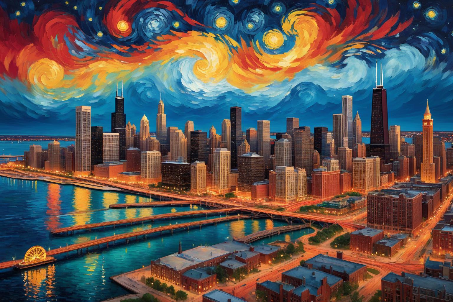  concept art chicago’s centennial ferris wheel, chicago’s navy pier, chicago skyline with prominent towers like willis, hancock, crains communication (slice building) with colorful van gogh swirls in the sky, van gogh's starry starry night with colorful red and orange swirls in the beautiful night sky, hyper realistic, chicago skyline, mesmerizing, intricate details, flambient golden and red sunrise, dramatic lighting, epic composition, wide angle, cinematic, masterpiece, high resolution, sharp details, best quality, 4k, raw photo, van gogh influence, studio lighting, impressionist, bold colors, starry sky, architectural elements, medium format lens, high angle, cityscape, city life, metropolitan, van gogh's brushstrokes, van gogh's shad