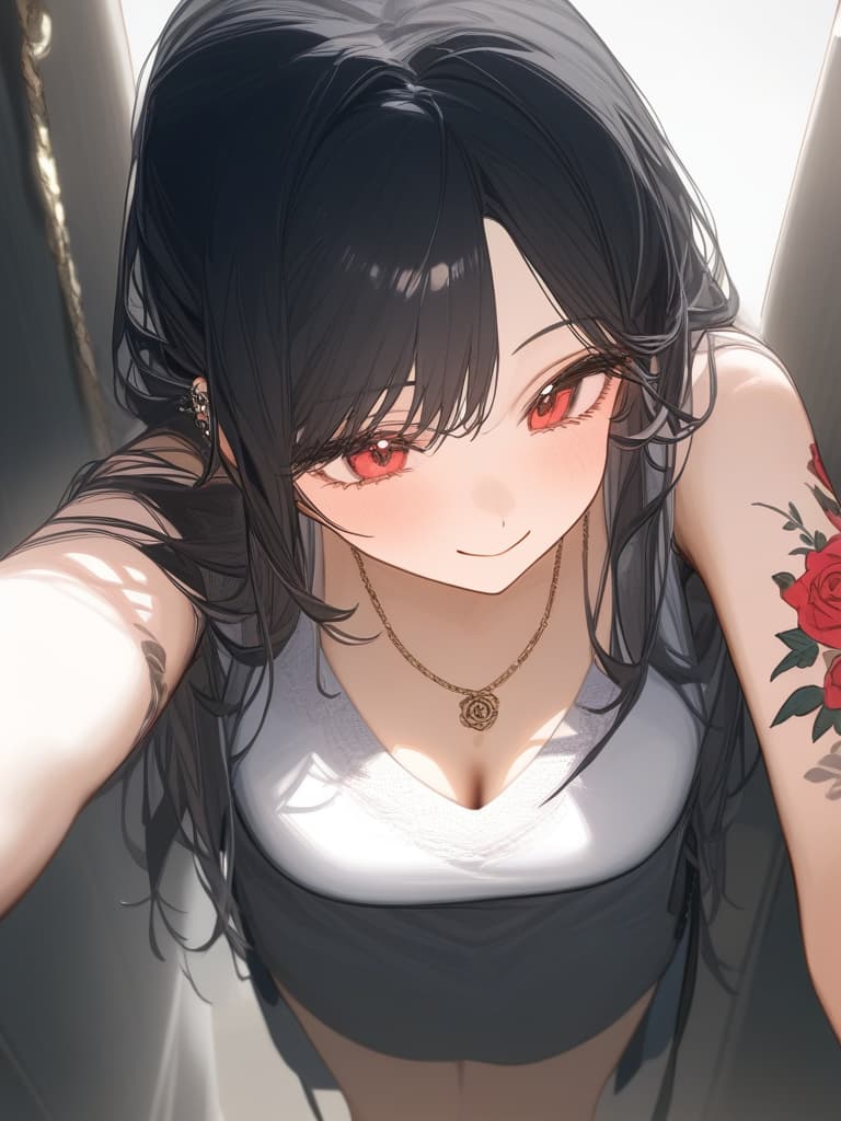  long hair, black hair, hair tips are pink, red eyes, hanging, bangs, and length of bangs, adults, adult faces, piercings, necklaces, hair are light pink and black, thin makeup on the arm. there is a rose tattoo, a rose tattoo on your arm, smiling, masterpiece, best quality,8k,ultra detailed,high resolution,an extremely delicate and beautiful,hyper detail