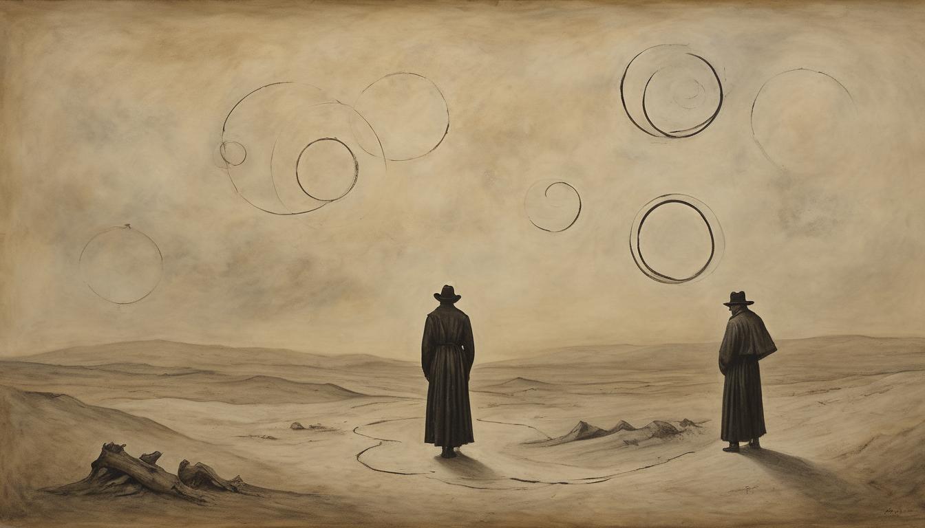  on parchment, surrealism++, figures ensnared in routine, walking in circles on a barren landscape, expressions of frustration, sky cloaked in twilight, cyclic, desolate(mysterious, provocative, symbolic)++