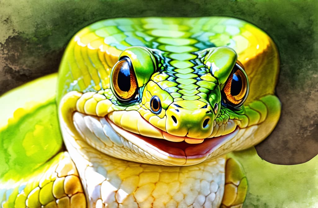  artwork green cheerful beautiful kind snake looks at the camera and smiles widely ar 3:2, watercolor techniques, featuring fluid colors, subtle gradients, transparency associated with watercolor art