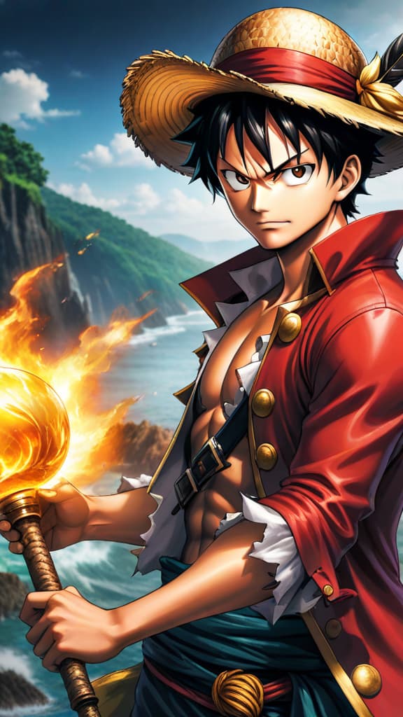  anime art: luffy reveals hidden haki powers before epic battle with blackbeard, a secret weapon emerges. hyperrealistic, full body, detailed clothing, highly detailed, cinematic lighting, stunningly beautiful, intricate, sharp focus, f/1. 8, 85mm, (centered image composition), (professionally color graded), ((bright soft diffused light)), volumetric fog, trending on instagram, trending on tumblr, HDR 4K, 8K