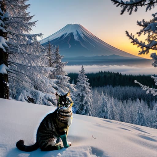  cat ,mount fuji hyperrealistic, full body, detailed clothing, highly detailed, cinematic lighting, stunningly beautiful, intricate, sharp focus, f/1. 8, 85mm, (centered image composition), (professionally color graded), ((bright soft diffused light)), volumetric fog, trending on instagram, trending on tumblr, HDR 4K, 8K