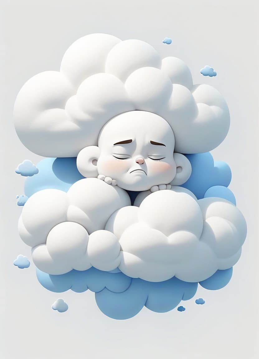  the cartoon cloud is asleep. the color of the cloud is blue and white. white background.