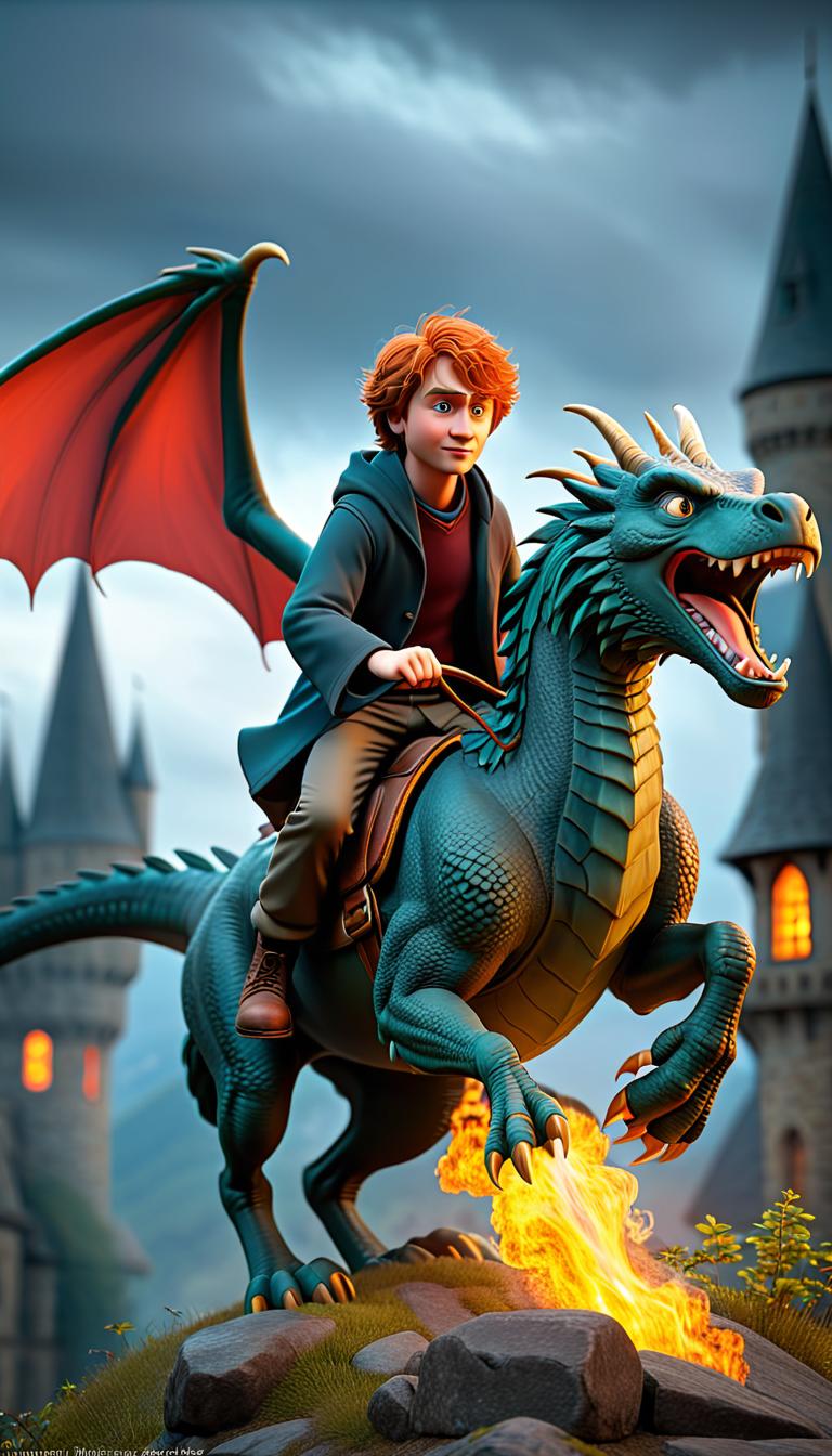  professional 3d model of harry potter and ron weasley riding on a dragon over hogwarts . rendered with octane, the model is highly detailed,dramatic lighting. hyperrealistic, full body, detailed clothing, highly detailed, cinematic lighting, stunningly beautiful, intricate, sharp focus, f/1. 8, 85mm, (centered image composition), (professionally color graded), ((bright soft diffused light)), volumetric fog, trending on instagram, trending on tumblr, HDR 4K, 8K