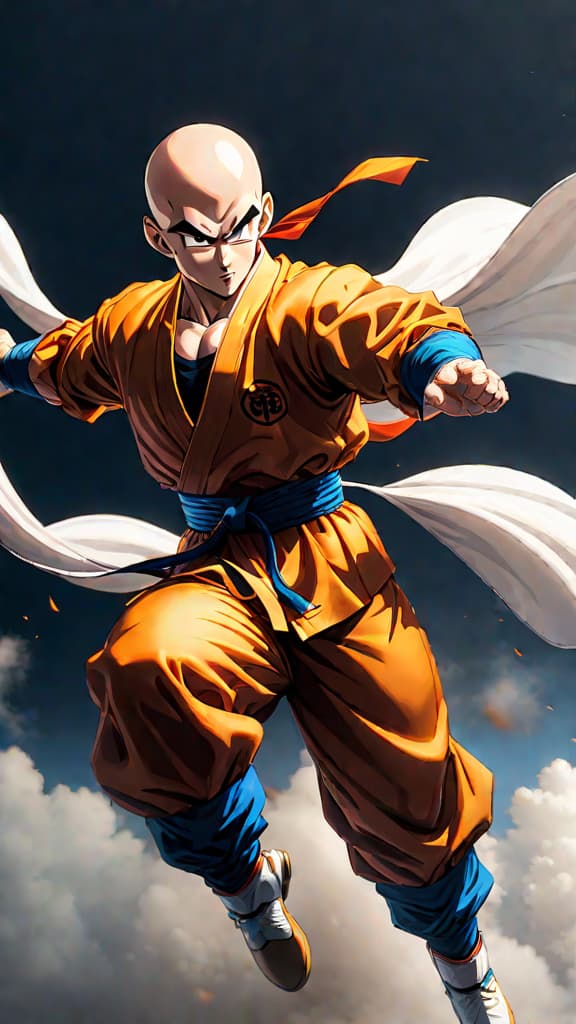  anime art of tien shinhan from dragon ball levitating and flying at the 22nd world martial arts tournament. hyperrealistic, full body, detailed clothing, highly detailed, cinematic lighting, stunningly beautiful, intricate, sharp focus, f/1. 8, 85mm, (centered image composition), (professionally color graded), ((bright soft diffused light)), volumetric fog, trending on instagram, trending on tumblr, HDR 4K, 8K