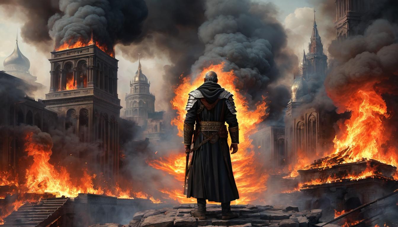  digital painting of prophet jeremiah, solemn expression, vivid vision of a city in flames, smoke billowing, chaos unfolding, detailed fire elements, sense of doom and prophecy looking at viewer, dynamic pose, (intricate details, masterpiece, best quality)