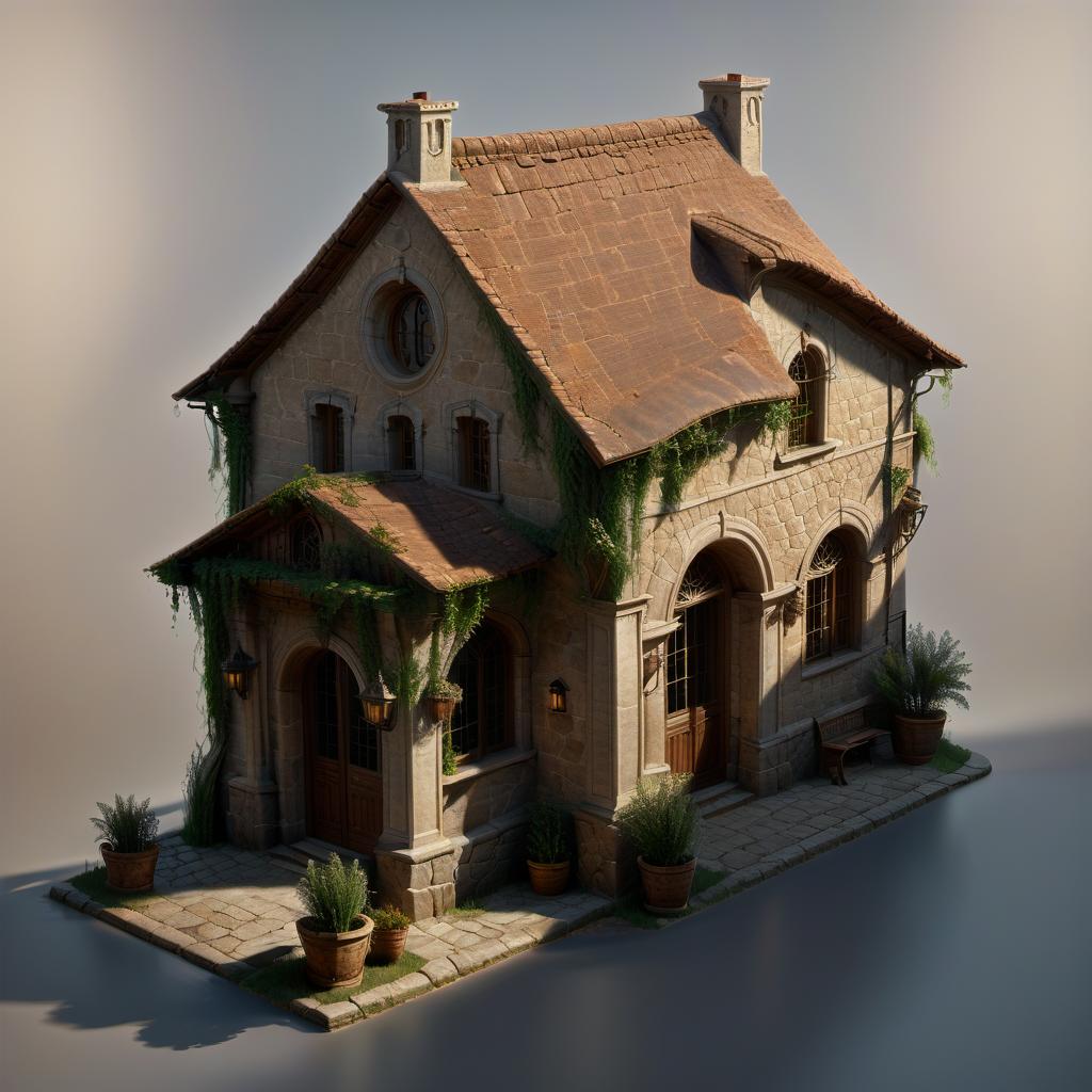  professional 3d model romanesque style house, tavern, old man's shop . octane render, highly detailed, volumetric, dramatic lighting, civitai, oil painting