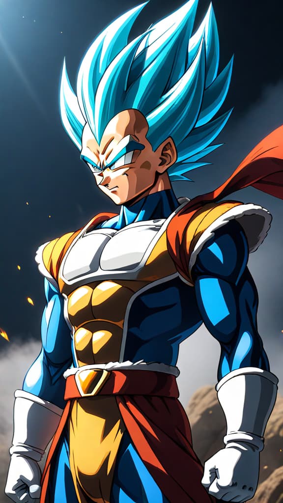  vegeta from dragon ball training relentlessly, pushing his body to the brink, anime art hyperrealistic, full body, detailed clothing, highly detailed, cinematic lighting, stunningly beautiful, intricate, sharp focus, f/1. 8, 85mm, (centered image composition), (professionally color graded), ((bright soft diffused light)), volumetric fog, trending on instagram, trending on tumblr, HDR 4K, 8K