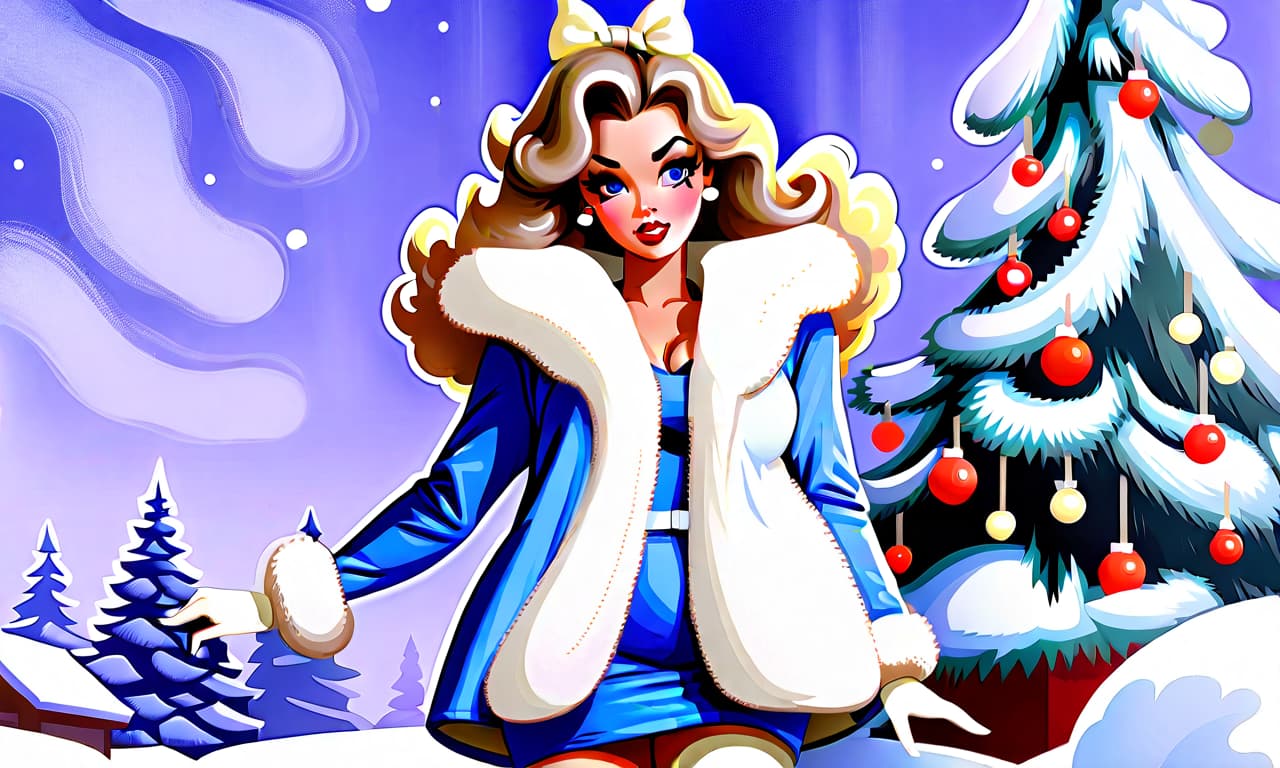  watercolor painting "create a painting in the pin up style featuring a young woman with a cute face and makeup. she has light hair styled with large white bows on the sides, from which curly hair flows down. the woman is dressed in a short blue fur coat with a fluffy white fur collar, which accentuates her figure. her arms are extended along her body to mid thigh, with her wrists flared out to the sides. she wears nylon stockings and long white leather high heeled boots, standing as if on her toes. the scene depicts her standing straight in the snow, appearing to shiver from the cold, surrounded by snow and snowdrifts. to her right, there is a fluffy green christmas tree adorned with colorful ornaments and twinkling lights. the snow sparkle