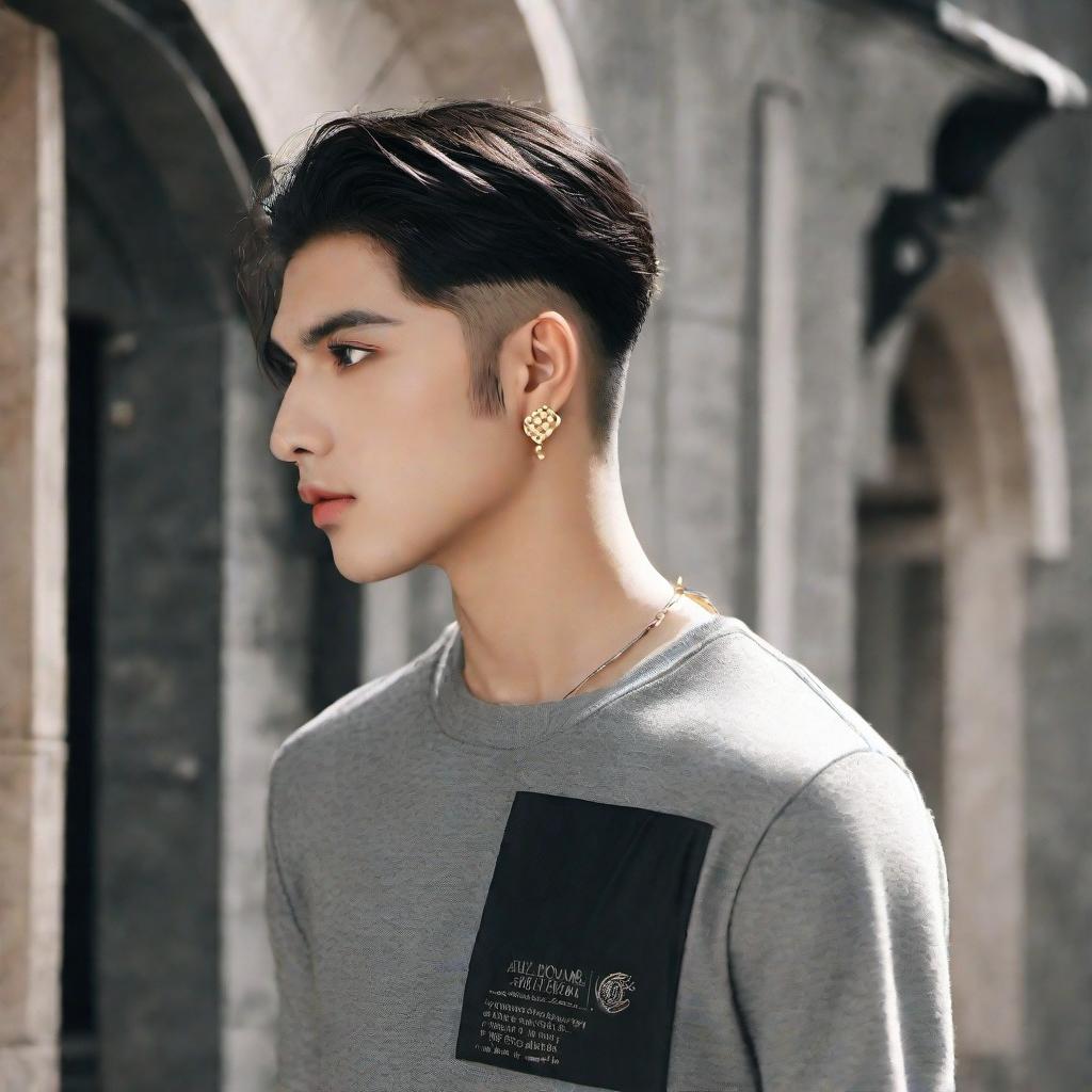  masterpiece, top quality, best quality, official art, beautiful and aesthetic anime art very beautiful asian male straight hair, white shoulder length hair, pale skin. grey eyes. eyebags. long dark lashes. diamond shaped face. sharp jawline. thin lips. low soft angled eyebrows. greek nose. tongue piercing. industrial piercing. lobe piercing. low set cheekbones. helix piercing. golden hour college boy. college background, award winning, professional, highly detailed, masterpiece