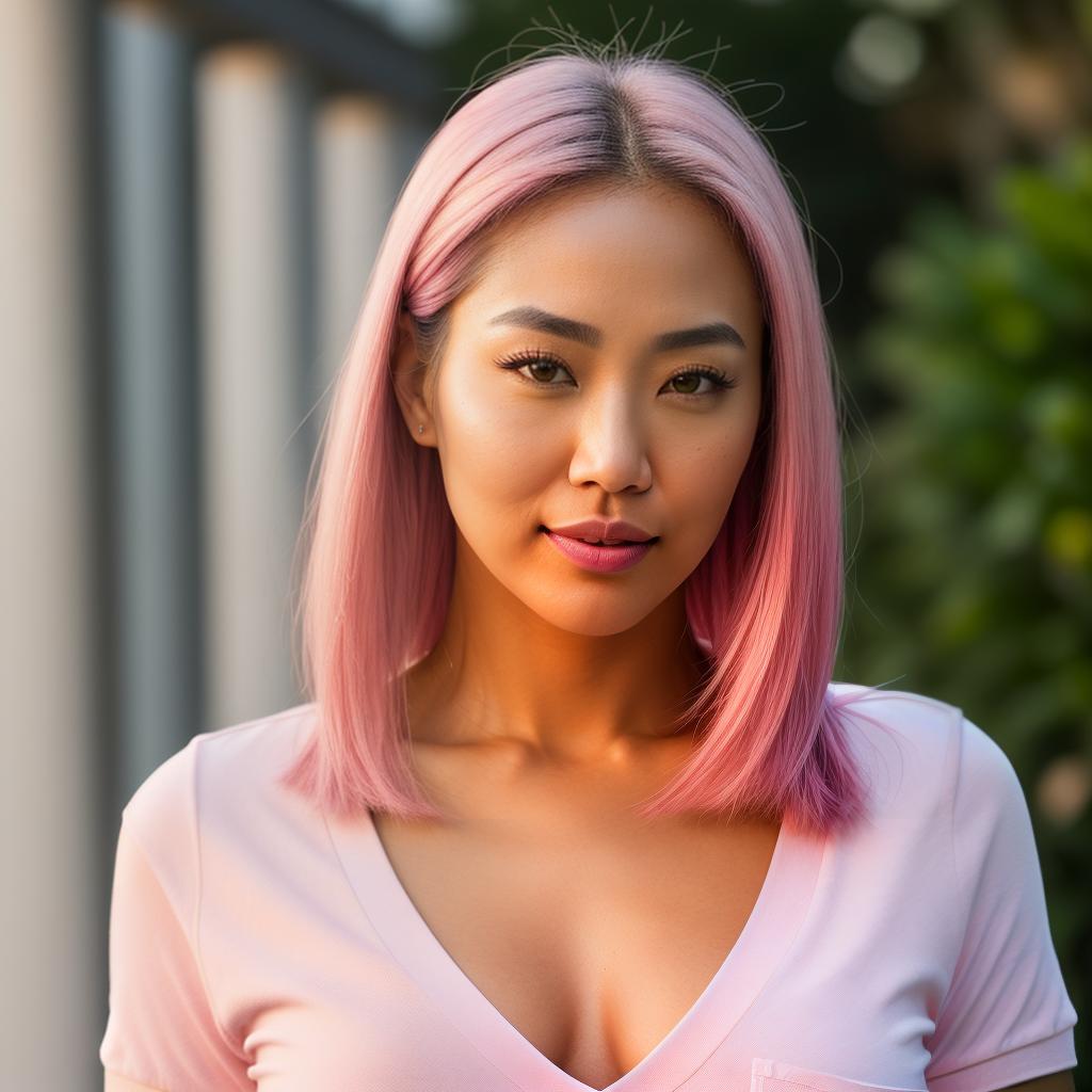  (((realistic full torso frontal head shot of a light tan skin tone woman))), hana yun hee nam, ((korean heritage)), immature face, blue eye color, ((straight hair style)), ((pink hair color)), ((skinny body type)), medium size, athletic size, (immature small straight nose), (immature defined cheekbones), (immature soft jawline), (immature full lips), (immature smooth forehead), (immature natural eyebrows), (immature dimpled chin), standing straight looking directly into the camera,((wearing fitted polo shirt with deep v neck and monogrammed pocket)), backyard in background, 1, best quality, highest quality, award winning photo, masterpiece, raw, professional photography, photorealism, sharp focus, cinematic, high resolu hyperrealistic, full body, detailed clothing, highly detailed, cinematic lighting, stunningly beautiful, intricate, sharp focus, f/1. 8, 85mm, (centered image composition), (professionally color graded), ((bright soft diffused light)), volumetric fog, trending on instagram, trending on tumblr, HDR 4K, 8K