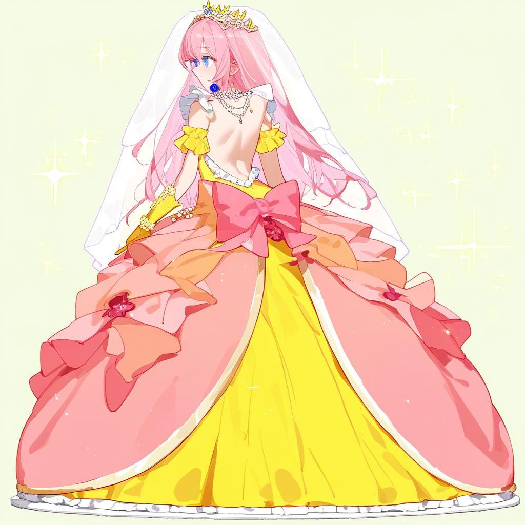  yellow, pink and blue big poofy princess dress, ball gown, frills, ruffles, bows, idol dress, magical style, long white opera gloves, long yellow opera gloves, giant s, sparkly tiara, fancy necklace, long floor length veil covering her hair and back, shining intense blue eyes, very long ankle length bright pink hair with long bangs . best quality, high resolution