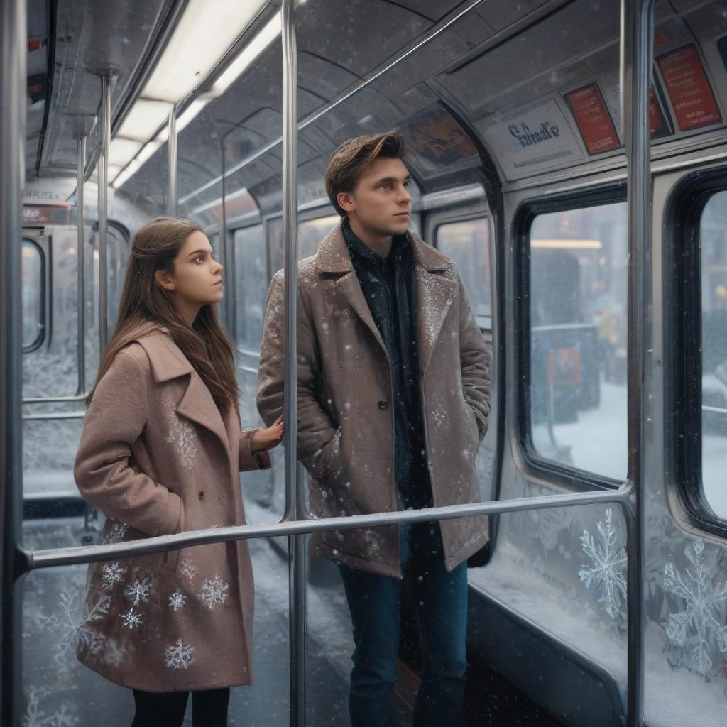  a guy and a girl stand in a subway car and look in different directions, in a snowflake car