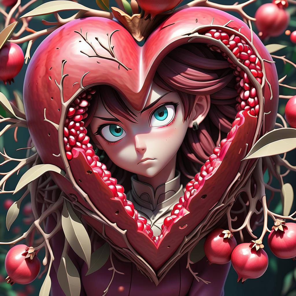  anime artwork heart of twigs and pomegranate grains . anime style, key visual, vibrant, studio anime, highly detailed