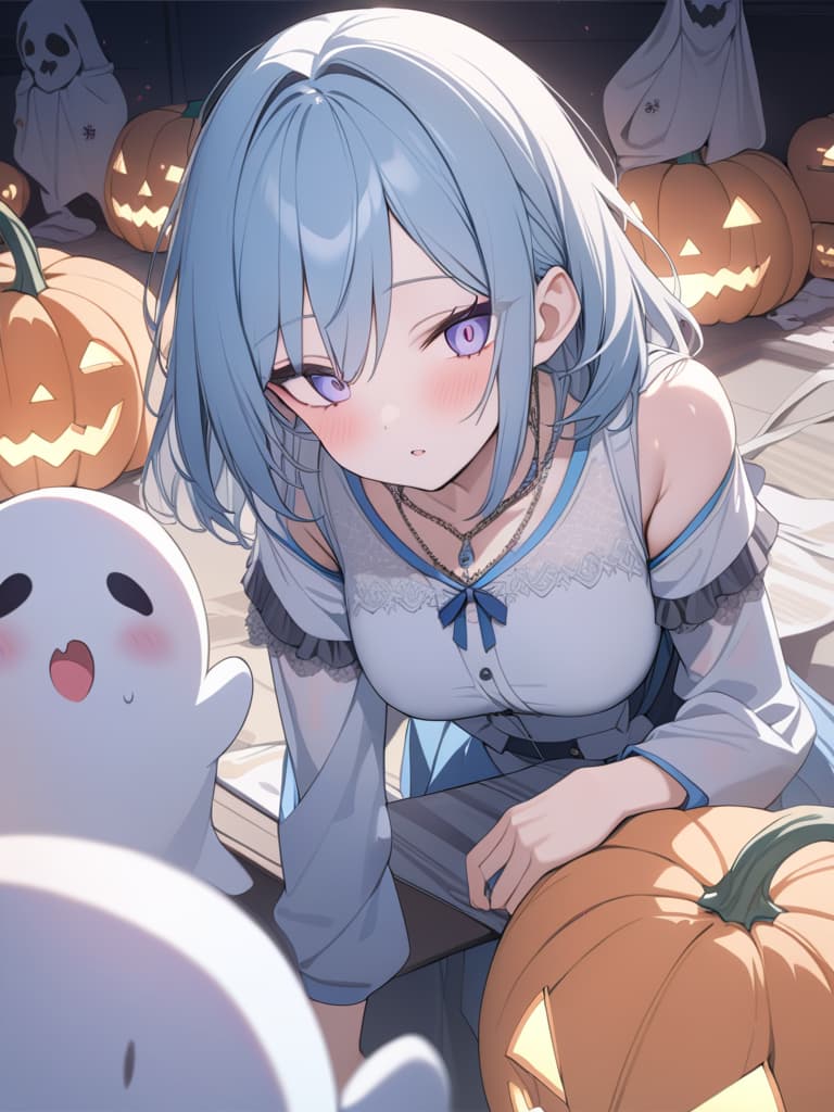  halloween, zombies, light blue, light blue hair, bob hair, ghosts, masterpiece, best quality,8k,ultra detailed,high resolution,an extremely delicate and beautiful,hyper detail