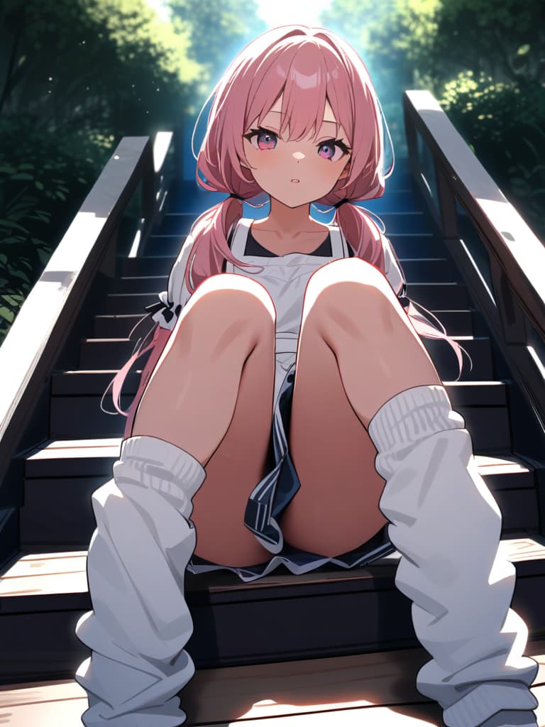  (beautiful girl:1.5)(low twintails & drilled hair:1.7)(pink hair color & eye color)(light blue frilly apron dress:1.7)(loose white leg warmers:2.0 )(loose socks:2.0)(top up:1.5)(stair sitting:1.7)(background park stairs) high quality,masterpiece,16k,super analysis.