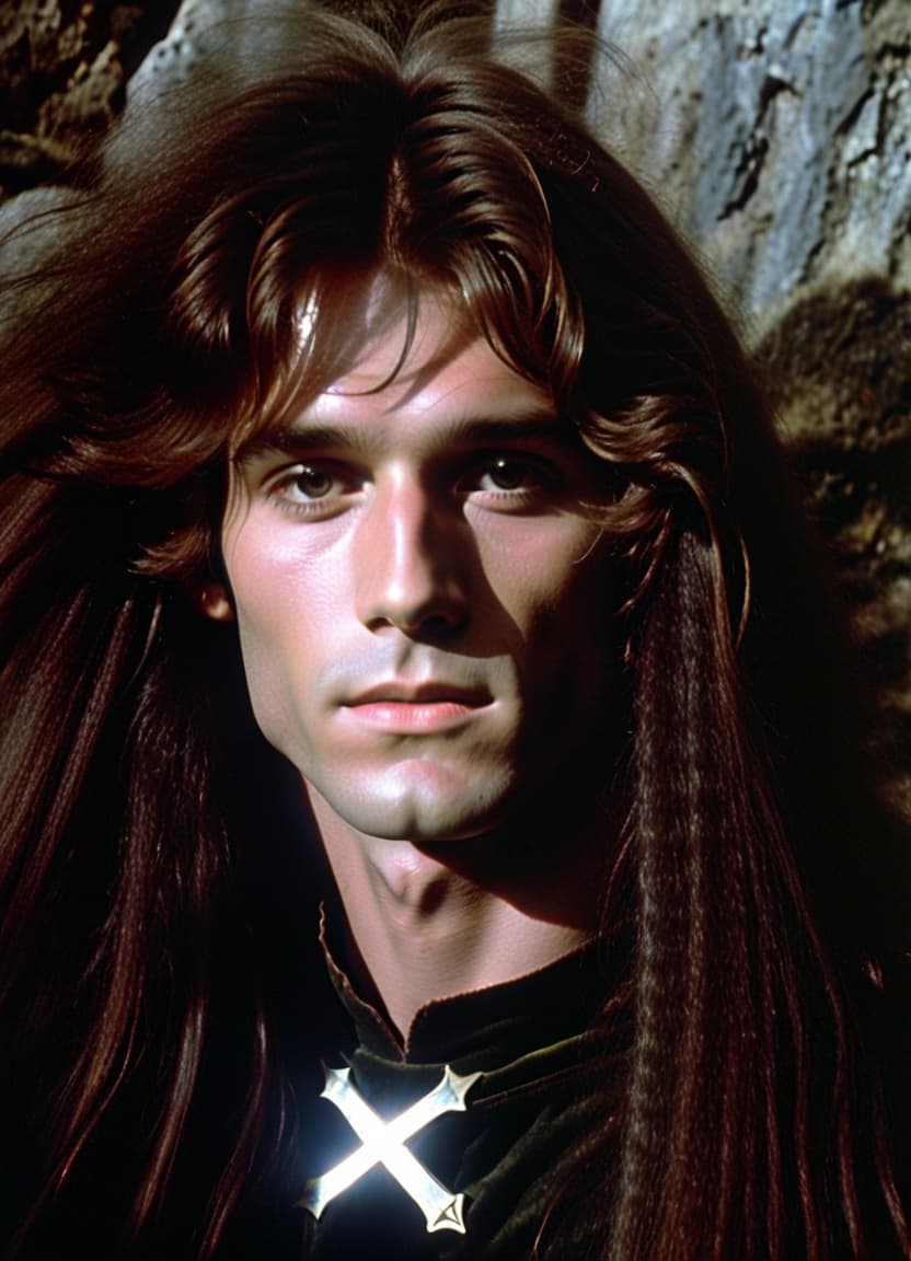  dvd screengrab, young man with long hair from 1982 dark fantasy film, "excalibur"