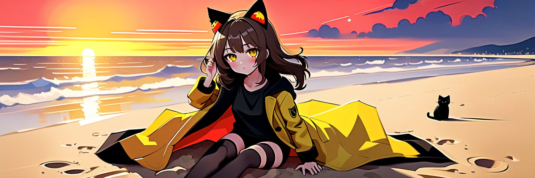  constructivist style an anime girl with cat ears sits on the sand on the beach. she has long dark brown hair, which flies slightly in the breeze. her face, with pronounced jewish and slavic features, radiates lively energy. brown eyes are full of deep emotions, as if reflecting the vast expanses of the ocean. she wears a bright yellow coat, which seems to shine, catching the eye and contrasting with the soft shades of the sunset. under her coat she wears a black shirt and black shorts are decorated with yellow elements, creating a stylish and dynamic look. a bright red sunset turns into night, and the bright red rays of the sun fall on the terrain and contrast with the night darkness. . geometric shapes, bold colors, dynamic composition, pr