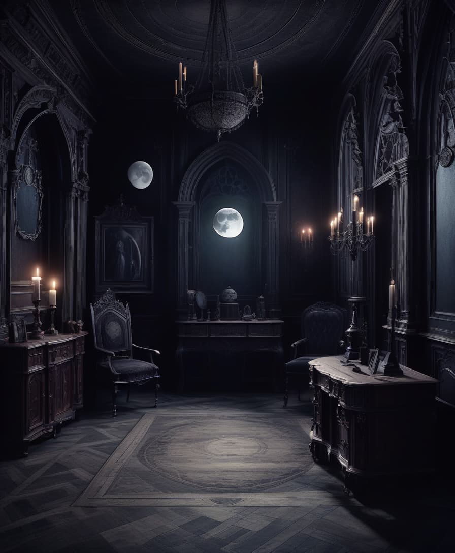  gothic style the dark room. wooden furniture in classic style. web and dust. no lighting. the moon outside . dark, mysterious, haunting, dramatic, ornate, detailed