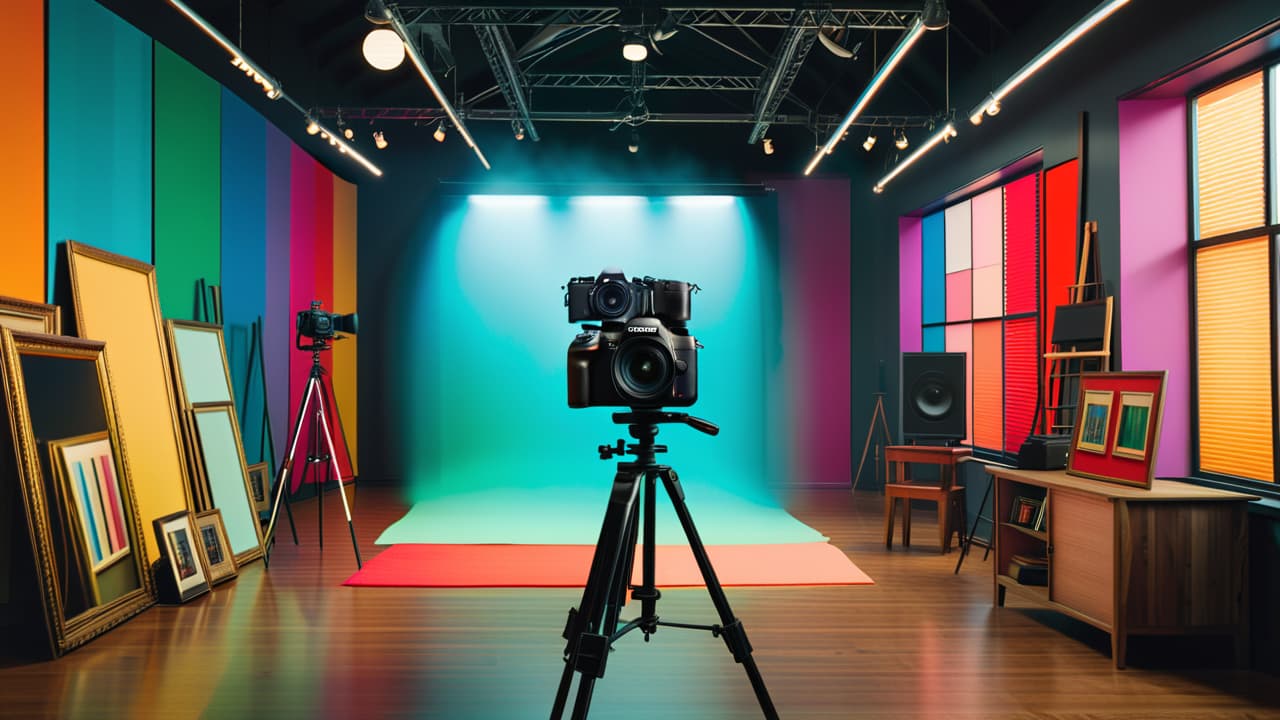  a vibrant photography studio with a professional camera on a tripod, colorful backdrops, and various props. a clock shows one hour, while a collage of diverse photos hangs on the wall, showcasing different styles. hyperrealistic, full body, detailed clothing, highly detailed, cinematic lighting, stunningly beautiful, intricate, sharp focus, f/1. 8, 85mm, (centered image composition), (professionally color graded), ((bright soft diffused light)), volumetric fog, trending on instagram, trending on tumblr, HDR 4K, 8K