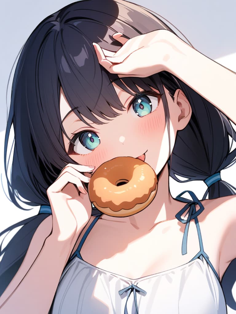  ultra detailed:1.2,masterpiece:1.2,best quality,masterpiece,bestquality,hdr:1.1,8k:1.1,very cute girl:1.3,(right hand up,holding middle size donut:1.4),(reaching right hand at viewer :1.4)((eye peeking through the middle size donut hole:1.8)),grin smile ,(close mouth:1.5),(tongue out:1.2),(frill sundress,ribbon strap:1.4),upper body:1.5,(face focus:1.4),(low twintail:1.5),(black hair:1.3),(white background color:1.4),ribbon choker:1.3,(head tilt:1.4),(looking at viewer:1.3)