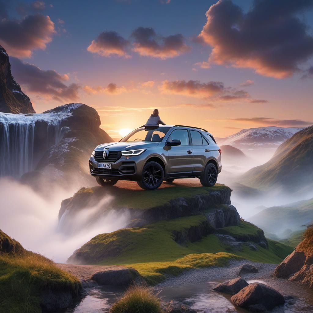  une femme assis sur le capot de sa voiture de sport regarde un paysage magnifique avec une cascade , la femme est debout près de sa voiture , mystical style