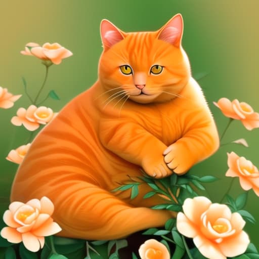  Picture of a cute fat orange cat in flowers