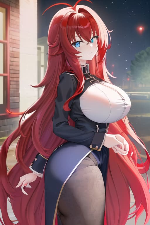   ,masterpiece, best quality, 1women, long red hair, looking at viewer, :3, cute, black uniform, outdoors, streets, cow shot, curvy, (((blue eyes))), rias gremory, red hair, antenna hair, wavy hair, ((beautiful detailed eyes, beautiful detailed glow, lots of glow)), anime screencap