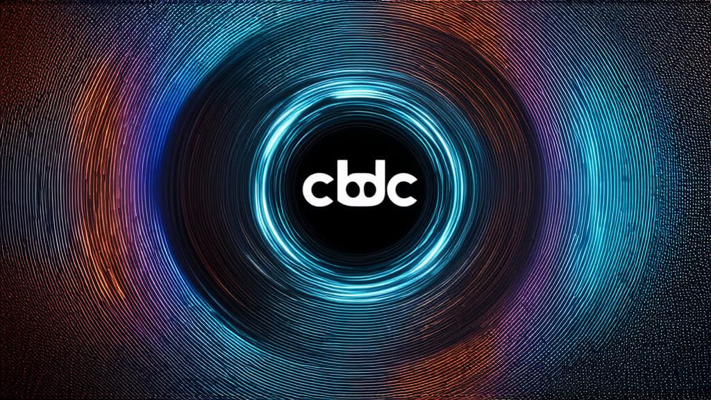  professional detailed photography, "cbdc" on metallic color circle, on abstract digital glowing metallic background ar 16:9, (muted colors, dim colors, soothing tones), (vsco:0.3)