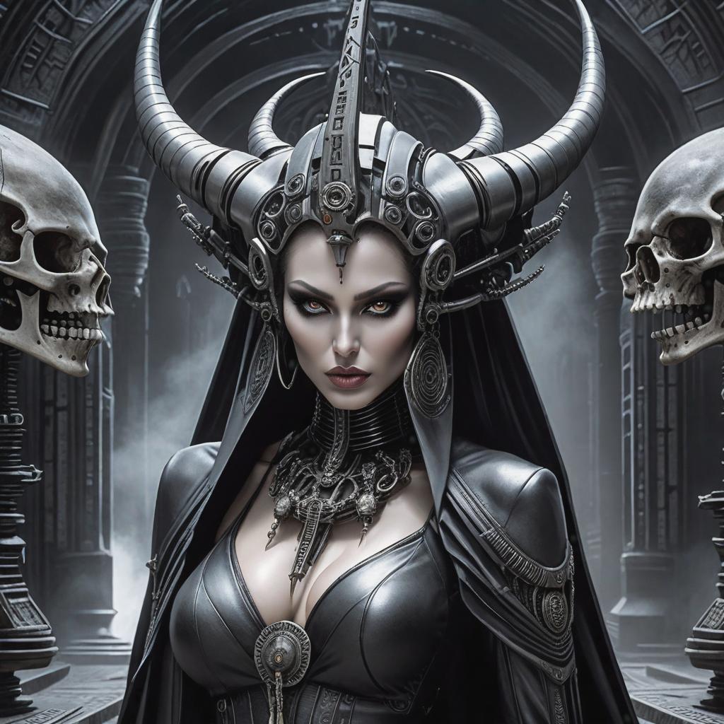  nfsw picture of ((())) young in a h.r.giger style painting. she stands far away and exposes her s. face shape is triangular with prominent cheekbones and a narrow straight nose. body shape with narrow shoulders. tiny s. long legs. eyes are half closed and have creepy white pupils. stand straight before the camera. skin is pale gray, full black lips. face is flawless. wears an impressive headdress covering her ears and forehead with large devil horns and lots of small biomechanical details, tiny skulls and occult symbols. she has no eyebrows. the scene is inside a very dark ancient occult temple with satanic symbols and lots of biomechanic elements everywhere. some fog rises. , ((mystical)) hyperrealistic, full body, detailed clothing, highly detailed, cinematic lighting, stunningly beautiful, intricate, sharp focus, f/1. 8, 85mm, (centered image composition), (professionally color graded), ((bright soft diffused light)), volumetric fog, trending on instagram, trending on tumblr, HDR 4K, 8K