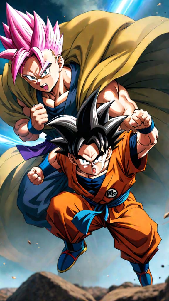  anime art: goten and trunks face majin buu's overwhelming power in a fierce battle. hyperrealistic, full body, detailed clothing, highly detailed, cinematic lighting, stunningly beautiful, intricate, sharp focus, f/1. 8, 85mm, (centered image composition), (professionally color graded), ((bright soft diffused light)), volumetric fog, trending on instagram, trending on tumblr, HDR 4K, 8K