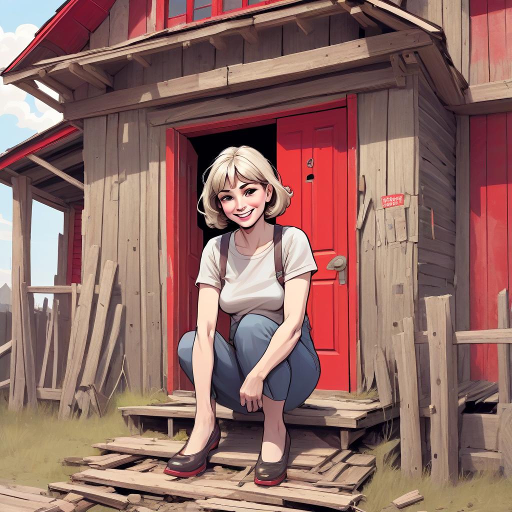  middle aged woman on the threshold of a dilapidated two story wooden house, smiling, distant picture, red door, colored comic book style