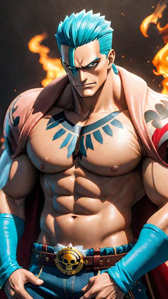  anime art of franky from one piece burning the blueprints of pluton to protect the world. hyperrealistic, full body, detailed clothing, highly detailed, cinematic lighting, stunningly beautiful, intricate, sharp focus, f/1. 8, 85mm, (centered image composition), (professionally color graded), ((bright soft diffused light)), volumetric fog, trending on instagram, trending on tumblr, HDR 4K, 8K